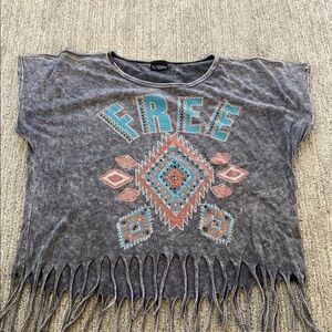 Daytrip Gray and Blue Fringe Crop Top with Graphic